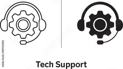 White headphones icon over gear on a white background technology support