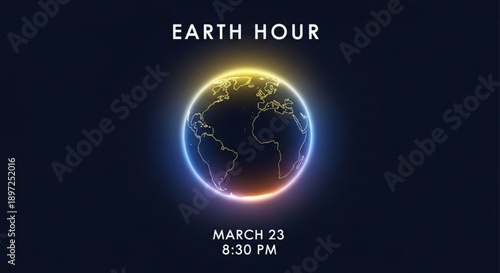 Glowing earth hour illustration with date and time on dark background symbolizing environmental awareness