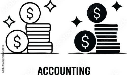 White Stacked Coins Dollar Symbol and Sparkle Icons on Transparent Background money finance