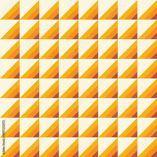 Pattern created from blocks of overlapping small brown, medium orange and large gold triangles against an off-white background
