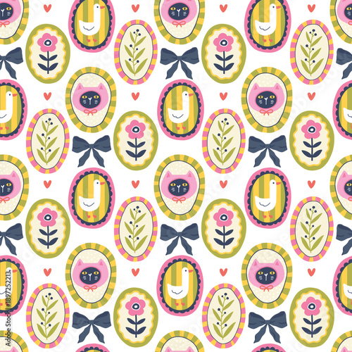 Cat and goose seamless pattern with bows and hearts. Flirty vector background for romantic packaging, textile and fabric. Kawaii cute silly cartoon style for kids and girls stylish design.