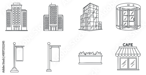 A collection of fantasy-themed icons including a sword, shield, potion, dragon, and key in black and white outline style, perfect for game design and storytelling