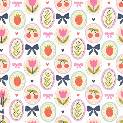 Strawberry and cherry seamless pattern with flower cameos. Cute vector background for summer textiles, packaging and stationery. Kawaii flirty doodle style with stylish minimalist bows.