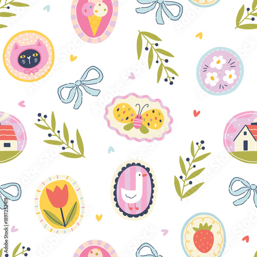 Childish seamless pattern with cute cat butterfly and goose in frames. Flirty vector background in kawaii style for textile packaging and nursery stationery. Creative doodle illustration.