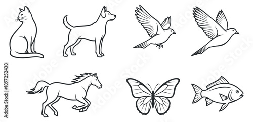 A collection of educational and literary icons including open books, graduation cap, and research symbols in minimalist outline vector style, suitable for academic and library themes