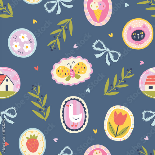 Cat seamless pattern on dark blue background with butterfly goose and tulip. Modern cartoon vector design in silly naive style for creative fabric textile and nursery decor. Cute wallpaper.