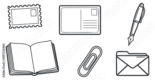 A collection of eight business professionals working on laptops in a minimalist black and white vector style, ideal for corporate presentations and digital marketing