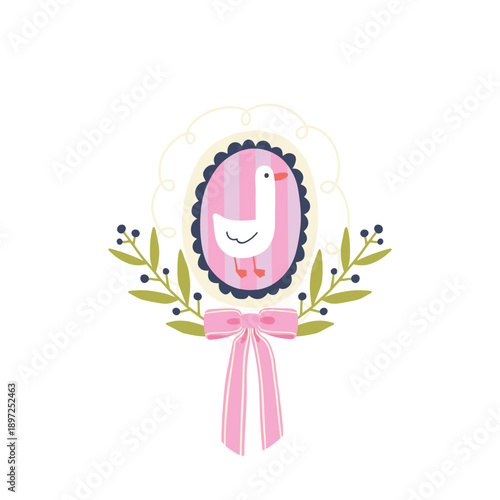 Goose vector illustration in vintage wreath with pink bow. Isolate cute bird character in frame for greeting postcard or nursery poster. Stylish cartoon doodle in flirty kawaii style.