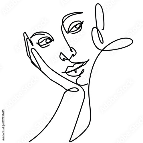 Beautiful woman natural hand on cheek one line drawing. Beautiful woman natural hand on cheek single line illustration. Beautiful woman natural hand on cheek minimalist line art