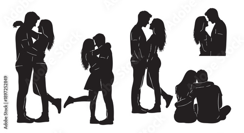 Romantic Couple Silhouettes Set Various Poses of Man and Woman in Love