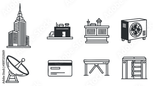 A set of eight laptop icons representing coding and programming concepts in minimalist outline vector style, ideal for tech and software design