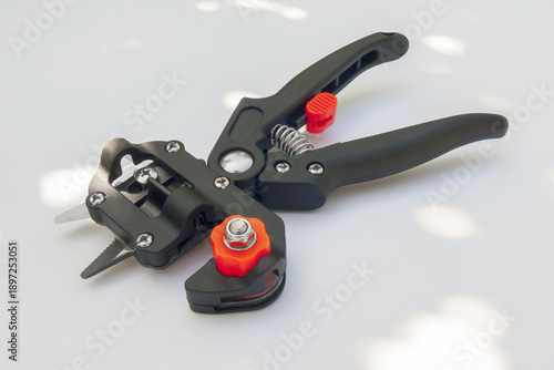 Professional garden grafting shears for trees on light background, garden tool