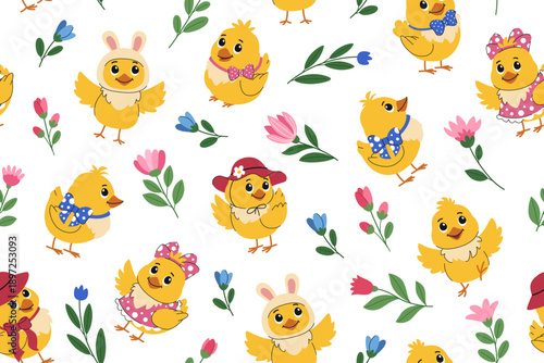 Cute spring seamless pattern with chicks and flowers. Chicks in clothes, dresses, and hats, with bows, and spring pink and blue flowers. Vector background.