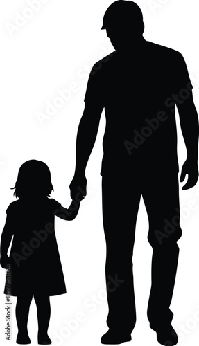 Silhouette of dad and little girl walking together hand in hand