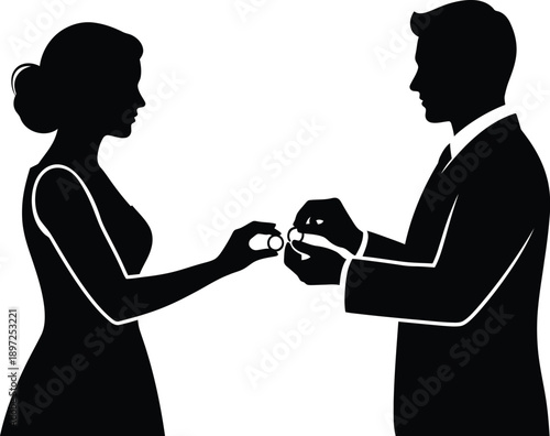 Silhouette illustration of a bride and groom exchanging wedding rings during ceremony on transparent background