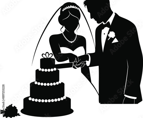 Wedding silhouette of bride and groom cutting a tiered wedding cake together in formal attire