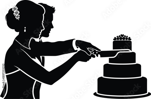 Silhouette vector of a romantic couple cutting their four tier wedding cake on a transparent background
