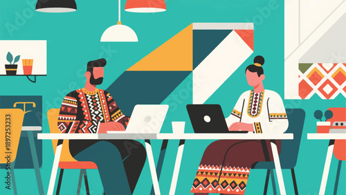 Illustration Of Creative Workers Wearing Traditional Patterned Clothes Working From Home Vector Design Template