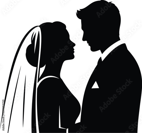 Side profile silhouette of a bride wearing a veil looking at her groom in a romantic moment
