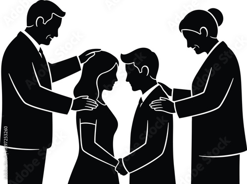 Silhouette illustration of parents or elders blessing a young couple during a wedding ceremony