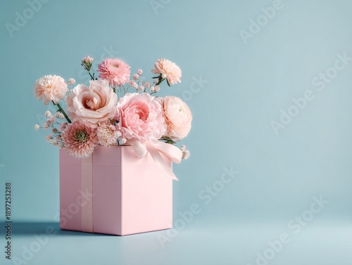 Pastel flower arrangement in a pink gift box against a soft background expressing elegance celebration femininity and modern decorative style
