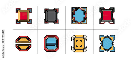 Abstract geometric shapes with ornamental details on a black background