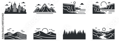 A collection of winter-themed icons including a snowflake, ice skates, a Christmas tree, icicles, and a beanie in minimalist outline vector style, perfect for seasonal design projects