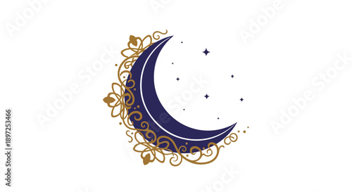Dark Blue Crescent Moon with Ornate Golden Filigree Border and Small Stars Isolated Vector Graphic