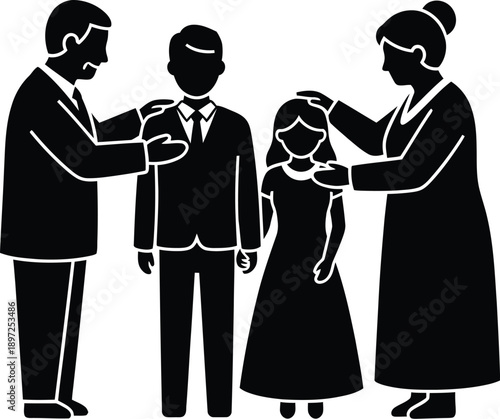 Parents blessing son and daughter, family guidance and support, important life moments, symbolic outline