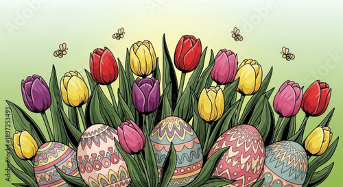Colorful easter eggs and vibrant tulips with buzzing bees on a sunny green background symbolizing spring and new life