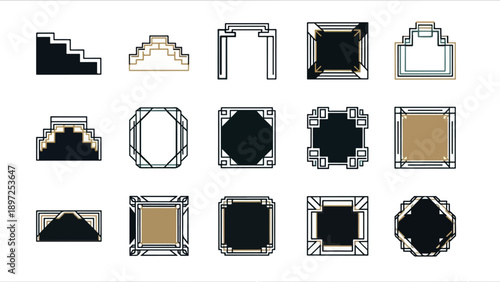 Geometric architectural elements collection on black background