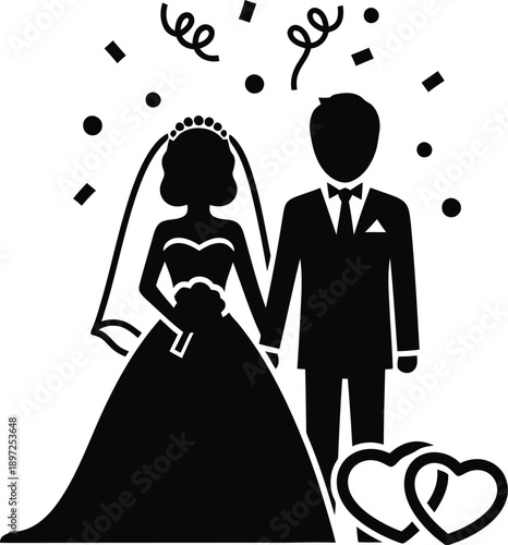 Wedding celebration silhouette with bride groom confetti and decorative hearts