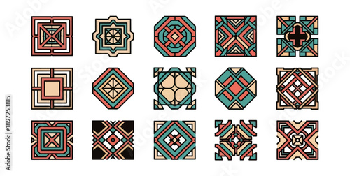 Geometric pattern collection colorful decorative design elements on dark backdrop