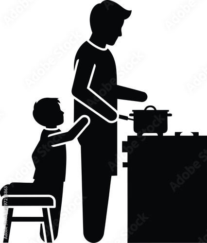 Father cooking at stove with young boy watching on stool silhouette