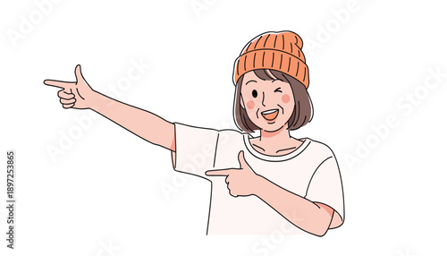Vector illustration of cheerful character pointing with both hands to highlight attention in modern design projects