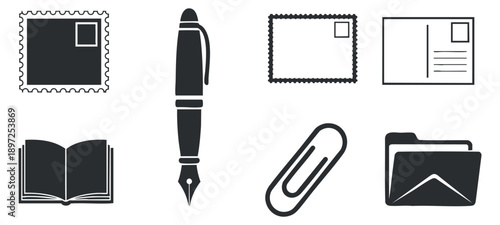 A collection of laboratory equipment icons including beakers, flasks, and a scientist in minimalist line art style, suitable for educational materials