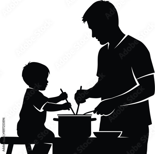 Father and son cooking together in kitchen silhouette with pot and spoon