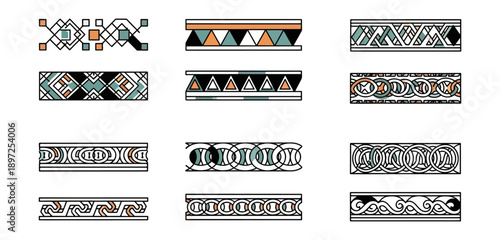 Geometric pattern designs in various styles and colors on black background