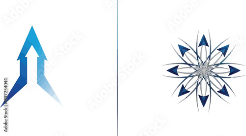 Two abstract graphic elements: upward arrows and starburst