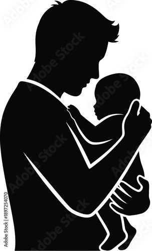 Silhouette of man cradling newborn baby in arms showing tender fatherly affection