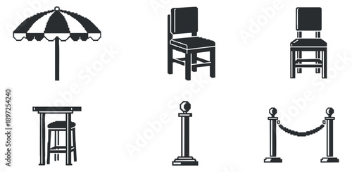 A collection of transportation icons including a car, bicycle, scooter, bus, skateboard, and train in minimalist outline vector style, ideal for urban mobility design projects