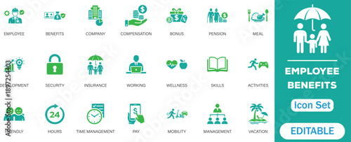 
Employee Benefits Icon Set. featuring company perks like compensation, insurance, wellness, vacation, time management, pension, and more. Perfect for HR, business, and corporate visuals.
