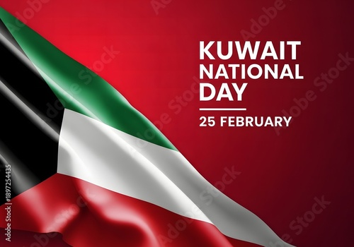 Kuwait National Day Celebration with Waving Flag on Red Background – 25 February