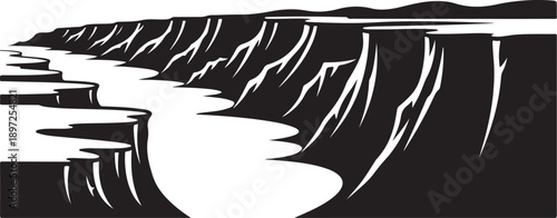 Black and white illustration of a serene river landscape