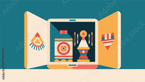Illustration Of An Open Digital Device Displaying Traditional Cultural Symbols Inside Vector Design Template