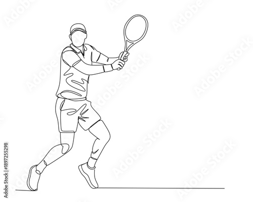 Continuous line drawing of a Tennis player man hitting the ball. Young male person or athlete in action  racket gear and serve in workout health vector illustration.Tennis player isolated on a white