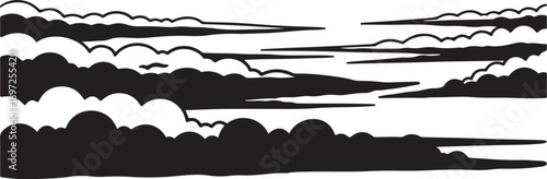 Black and white clouds in a serene landscape scene