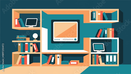 Illustration Of A Library With Traditional Books And Modern Digital Archives, Geometric Shelves, Simple Screens Vector Design Template