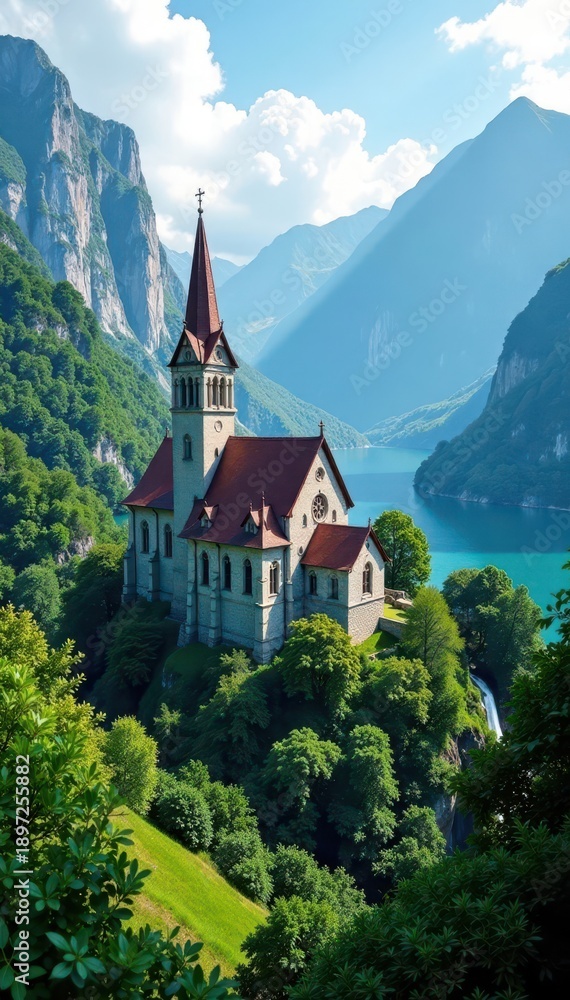 Fototapeta premium Cathedral nestled between two towering mountains, surrounded by lush greenery, church, scenery