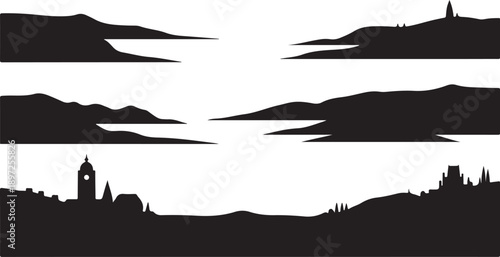 Black Silhouette Cityscape and Mountains by Water Vector Graphic